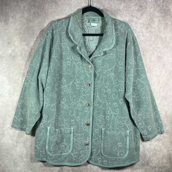 Hot Cotton Blazer Jacket Women 2X Green Floral Quilted Button Front Mature Artsy - Picture 1 of 9